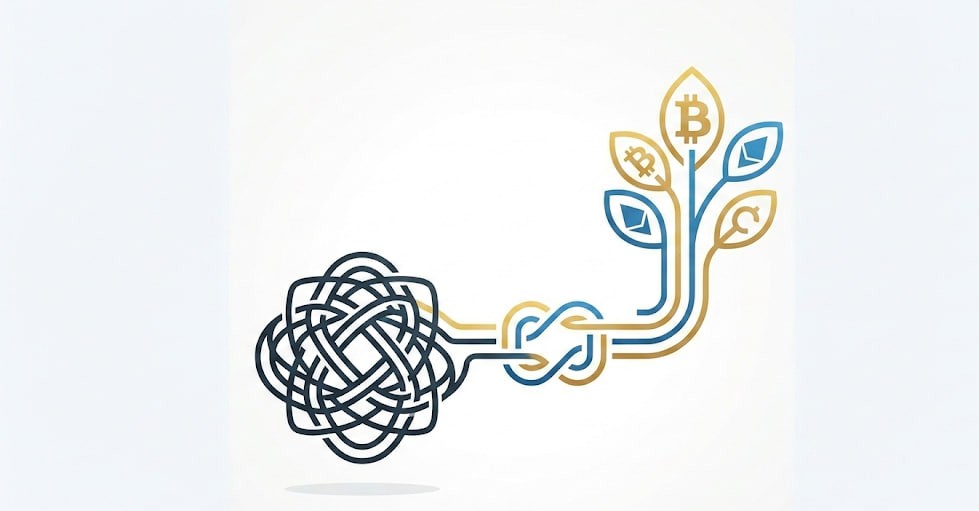 Discharging mazalim obligation with crypto donation. Coins represented by Bitcoin, Ethereum, and Litecoin logos grow from a knot symbolizing the removal of spiritual debt. Donation via LTC.