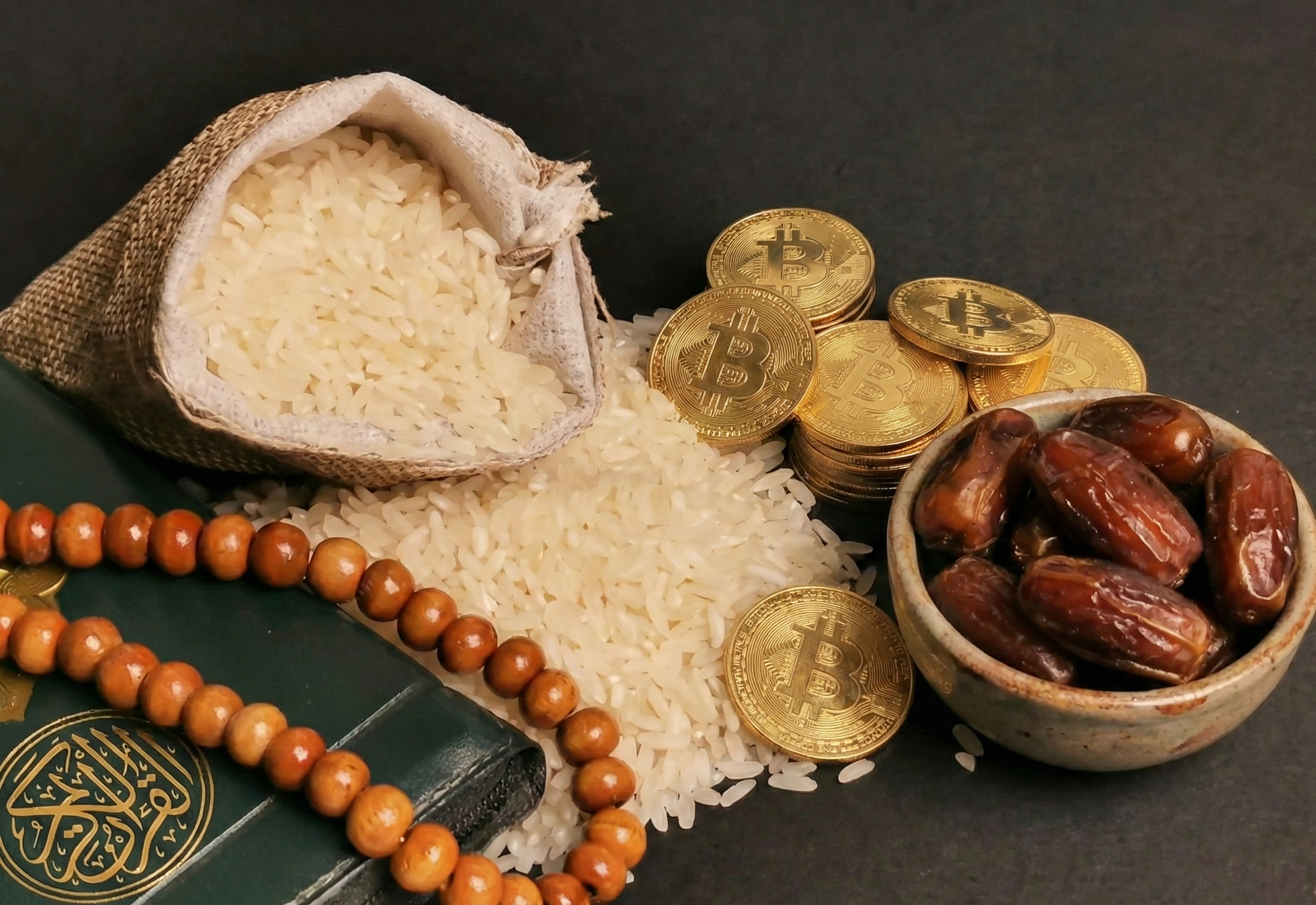 Islamic tradition elements: rice, dates, prayer beads on book, and Bitcoin BTC coins. Represents Sahm al-Imam donation and crypto charity.