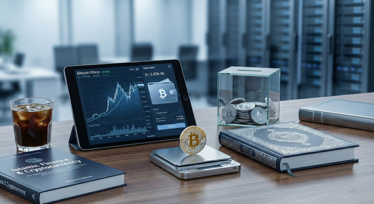 Bitcoin gains on tablet screen with coins in a glass piggy bank and Islamic Finance book, showing crypto Zakat obligation. Includes USDT ticker.