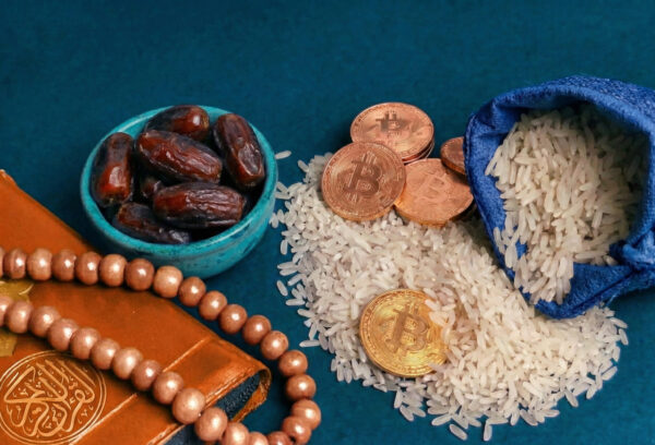 Sadat's Share of khums: dates, rice, prayer beads, and Bitcoin coins. Donations via crypto like BTC for needy Sayyids.