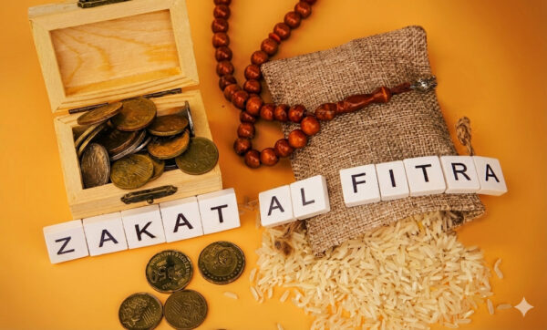 Zakat al-Fitra with coins, rice, and prayer beads. Pay your Zakat al-Fitra with cryptocurrency like USDT, purifying fast and feeding the needy.