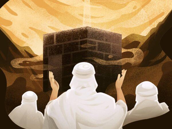 Pilgrims in ihram praying towards the Kaaba, with a beam of light from above. Crypto donation supported by ETH.