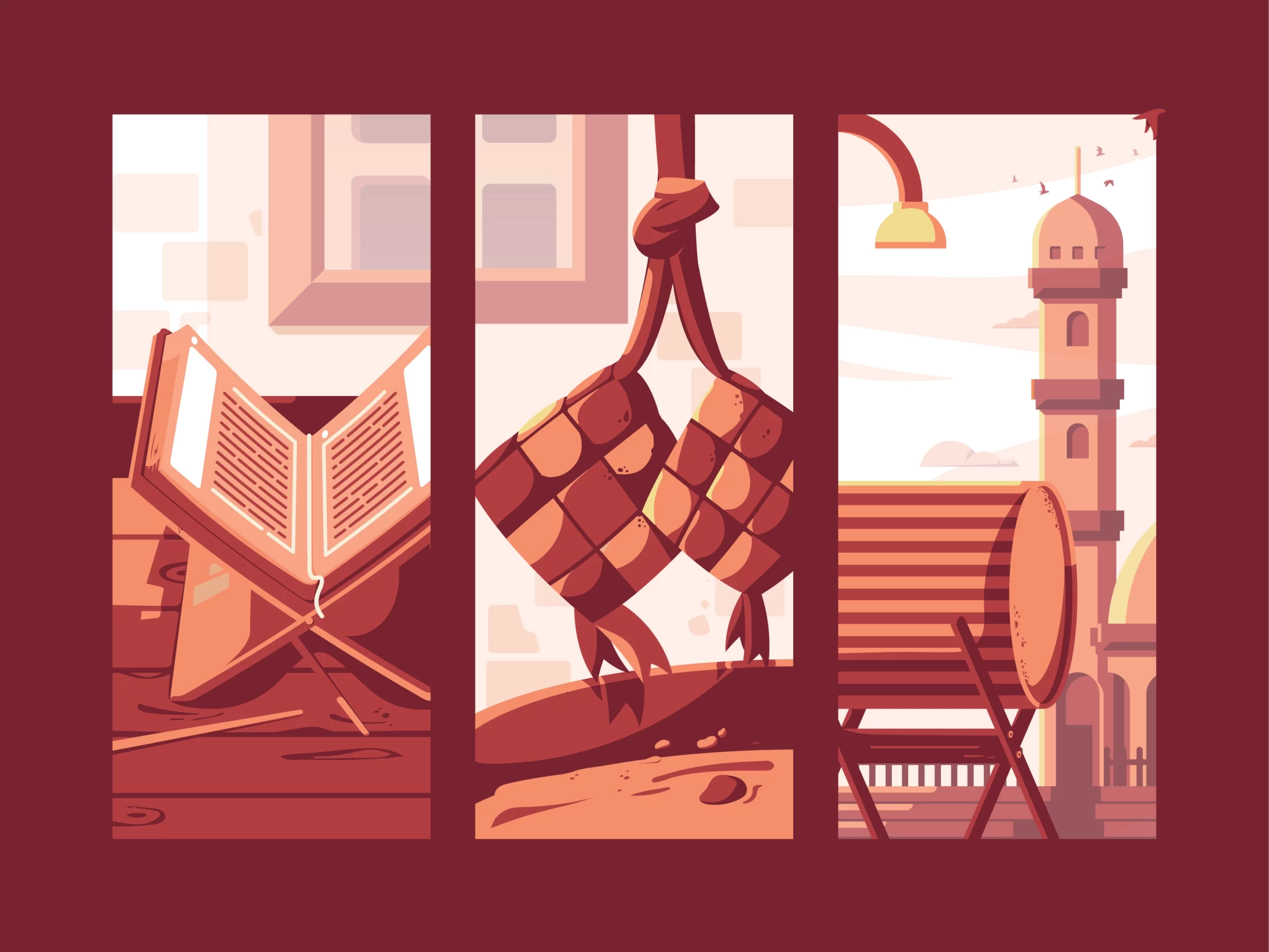 Triptych showing an open Quran on a stand, ketupats, and a mosque minaret. Supports crypto donations via SOL.
