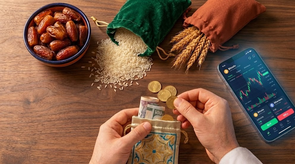 Hands putting coins and money into a pouch with dates, rice, and wheat nearby, alongside a smartphone displaying Bitcoin trading charts. Paying Khums and financial obligations with cryptocurrency like USDT.