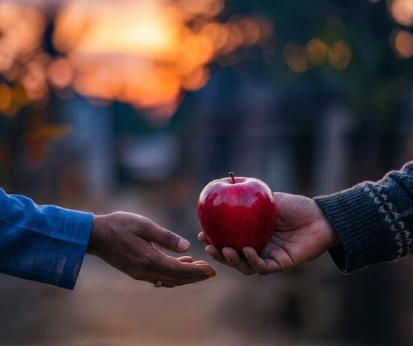 Sadaqa donation of an apple, representing charity and kindness, utilizing crypto like USDT.