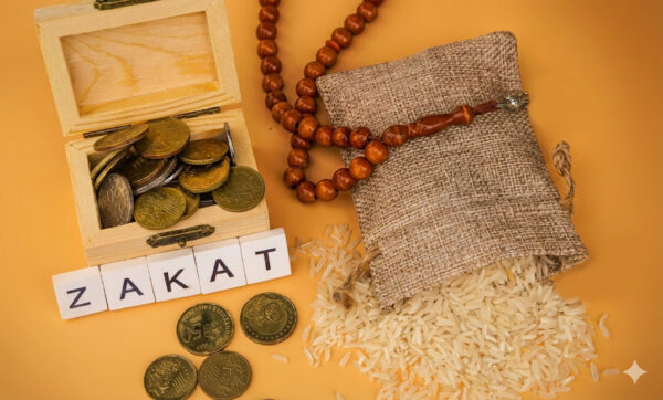 Wooden chest with coins, prayer beads, bag of rice, and blocks spelling ZAKAT. This image symbolizes charitable giving, with a focus on crypto philanthropy. Includes BTC ticker.
