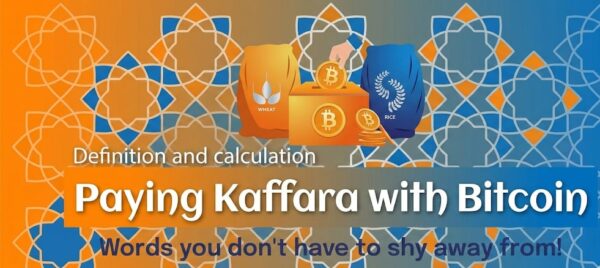 Paying Kaffara with Bitcoin: Illustration of a hand donating Bitcoin coins into a charity box next to bags of wheat and rice. Keyphrases: Kaffara, Bitcoin, Islamic expiation, charity, donate. BTC