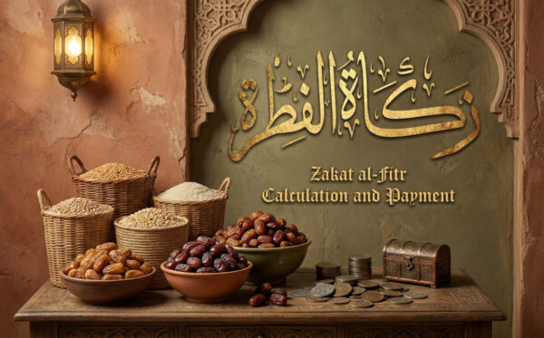 A display of staple foods like rice and grains in baskets, alongside dates, coins, and a treasure chest. Text reads "Zakat al-Fitr Calculation and Payment." This scene represents Islamic charity and its payment using cryptocurrencies like USDT, supporting vulnerable families during Eid.