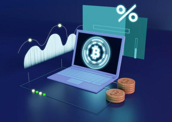How to calculate Zakat on cryptocurrency involves tracking trade goods, investments, and digital wallets with graphs and a laptop displaying the Bitcoin logo, then donating with USDT.