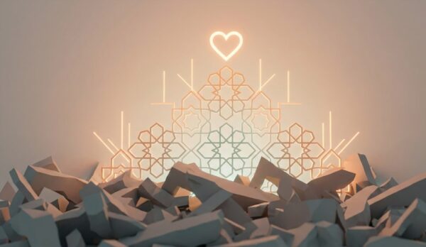 Debris and rubble piled up, with an Islamic geometric pattern and a glowing heart above. Crypto donations fund disaster relief aid like food, shelter, and medical care. Donate with USDT.