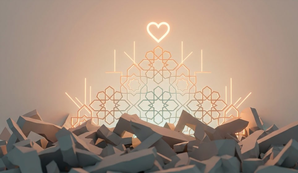 Debris and rubble piled up, with an Islamic geometric pattern and a glowing heart above. Crypto donations fund disaster relief aid like food, shelter, and medical care. Donate with USDT.