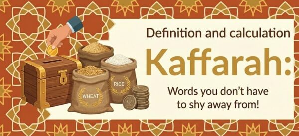 Illustration of a hand placing a coin into a donation box next to sacks of wheat and rice, representing Kaffarah and charitable giving. Main keyword: Kaffarah. Ticker: TRX.
