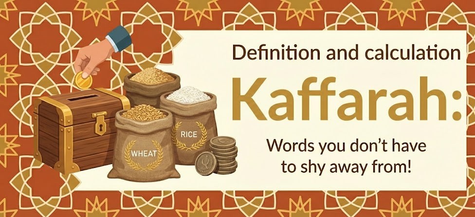 Illustration of a hand placing a coin into a donation box next to sacks of wheat and rice, representing Kaffarah and charitable giving. Main keyword: Kaffarah. Ticker: TRX.