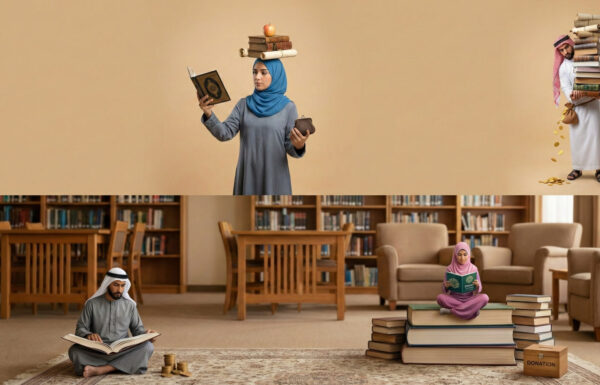 Muslims give religious contributions like Zakat and Khums for purification and social welfare. A woman balances books and a purse. A man spills coins from a bag. Children read in a library setting, with a donation box. Donate with ETH.