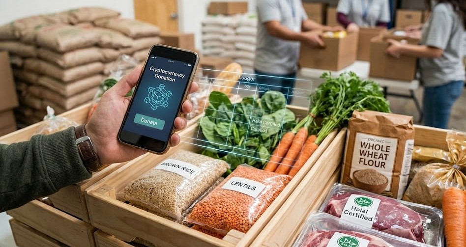 Person uses a smartphone to make a cryptocurrency donation for Halal food staples like rice, lentils, and meat. Includes blockchain ledger overlay. Donation to fight hunger with USDT.