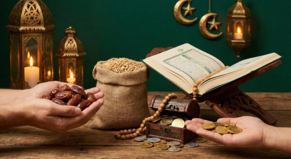 Zakat calculation for purification and charity: Hands hold dates and coins, a sack of grains, and an open Quran on a stand, with Islamic lanterns and moon decor. Includes USDT.