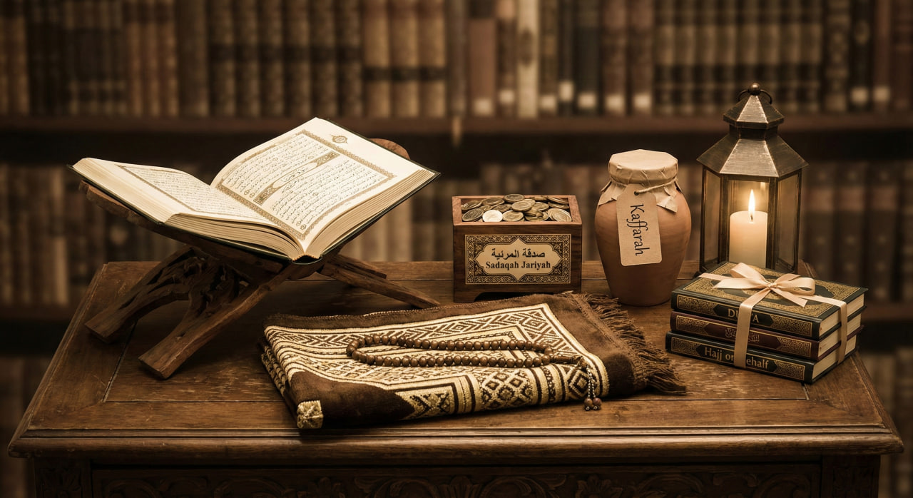 Islamic prayer items with Quran, prayer mat, rosary, donation box, Kaffarah jar, and books on behalf of the deceased, symbolizing Islamic charity and paying spiritual debts with USDT.