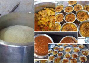 Large pot of rice, chicken stew, and multiple servings of pilaf donated via cryptocurrency, like DAI, to feed the needy.