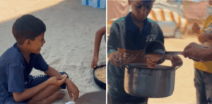 Children receiving relief in Gaza through crypto Zakat donations, featuring a boy eating and another receiving a ladle of food from a pot, supported by Monero.