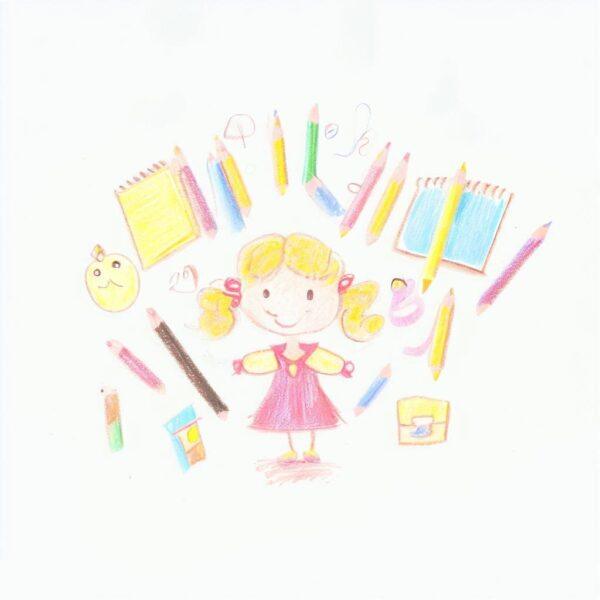 Child artist surrounded by art supplies including colored pencils and notebooks, smiling. Donation to children's art programs facilitated by XRP.