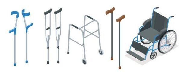 Collection of mobility aids including crutches, a walker, canes, and a wheelchair, available with XRP support.