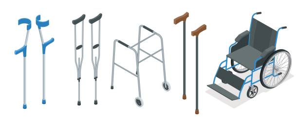 Collection of mobility aids including crutches, a walker, canes, and a wheelchair, available with XRP support.