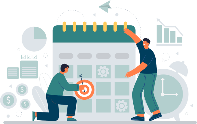 Two people strategizing to hit targets on a calendar, with charts and coins suggesting financial planning and crypto-enabled donations, possibly via USDT.