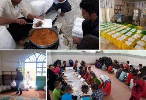Zakat al-Fitr distribution involves people serving food and crates of meals ready for delivery, supporting the poor with crypto like Bitcoin-cash donations.