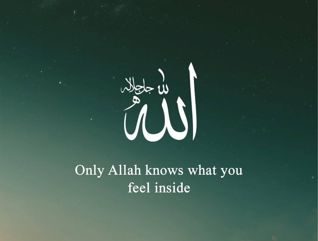 Islamic calligraphy for "Allah" with the quote "Only Allah knows what you feel inside." Donation via ETH.