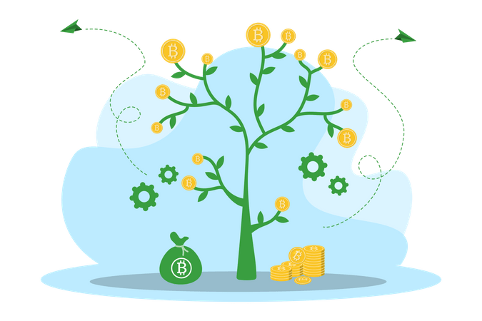 Economic empowerment in Islam, represented by a growing tree with Bitcoin symbols as fruits, symbolizing wealth distribution via crypto donations with ETH. Includes a money bag and rising coin stacks, with gears indicating process and development.