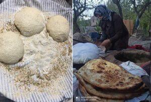 Dough balls ready for baking and a woman baking bread, symbolizing aid for women in crisis, supported by crypto donations such as BTC.