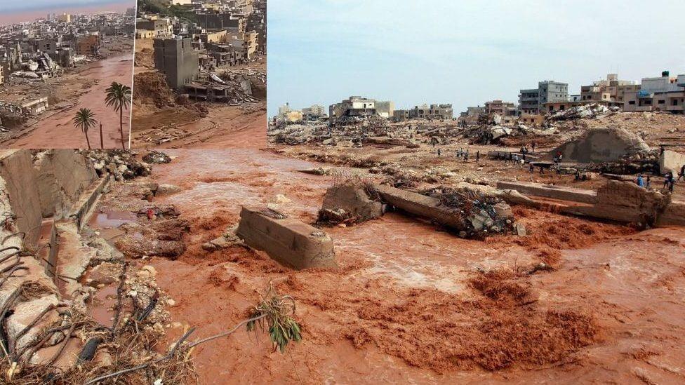 Devastated Libyan city after floods, with debris-filled muddy waters flowing past damaged buildings. Temporary accommodation and essential aid are being provided via crypto donations in ETH.