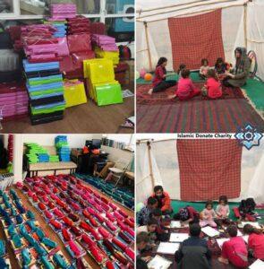 Stacks of colorful folders and bags in the top left. Children learning in a tent in the top right. Rows of school supplies in the bottom left. Children receiving instruction in the bottom right. Islamic Donate Charity supports education and relief efforts through crypto donations, including LTC.
