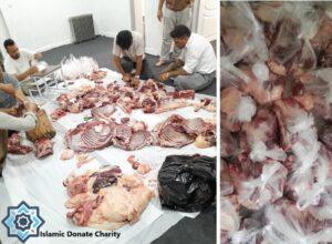 Men preparing and packaging raw halal meat for Aqiqah Qurbani donation, benefiting orphans and the needy, facilitated by crypto payments such as BTC.