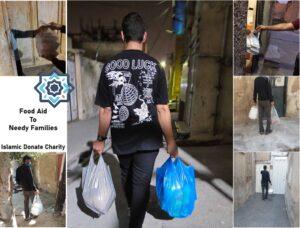 Person delivering food aid to needy families, with donations handled via RLUSD.