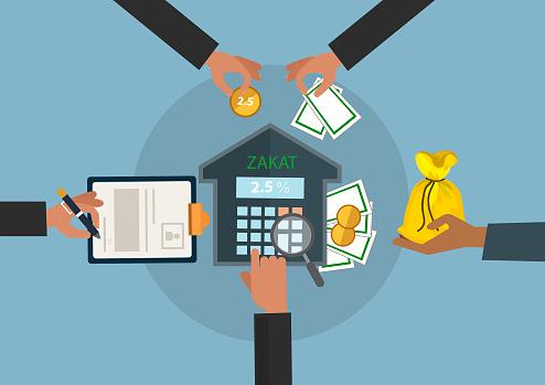 Illustration depicting zakat calculation with a calculator showing 2.5%, coins, cash, and a hand offering a donation bag, symbolizing crypto zakat with ETH contributions.