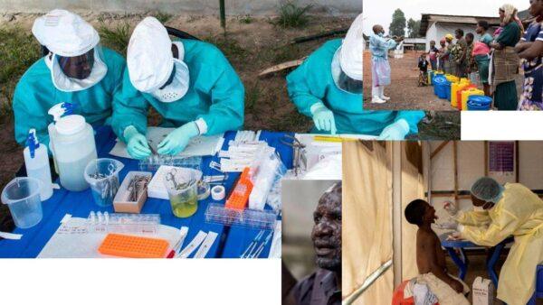 Medical professionals in PPE prepare for monkeypox vaccinations, community members await aid, and a child receives a medical swab, all supported by crypto donations via BTC.