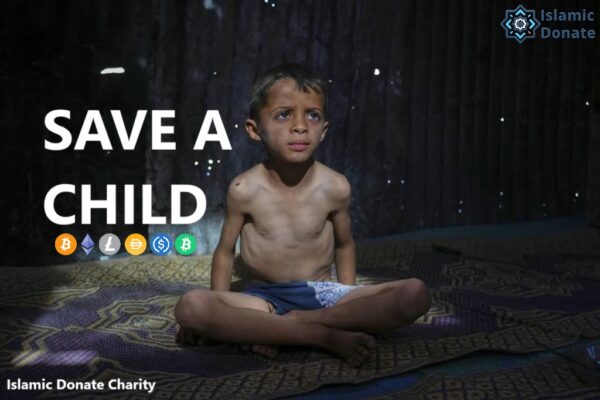 Save a child text overlay with cryptocurrency logos: BTC, ETH, LTC, BCH, USDT, USDC. Shows a thin, suffering child in a dark, dimly lit setting, highlighting the need for donations.
