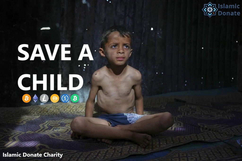 Save a child text overlay with cryptocurrency logos: BTC, ETH, LTC, BCH, USDT, USDC. Shows a thin, suffering child in a dark, dimly lit setting, highlighting the need for donations.