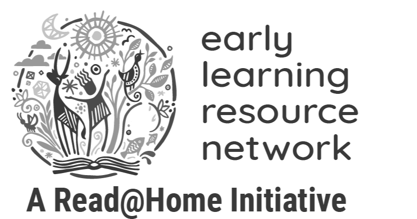 Logo for the Early Learning Resource Network, a Read@Home Initiative, featuring whimsical illustrations of animals, a sun, moon, and plants within a circle, with text. Trusted Partner for Islamic Donate Charity.