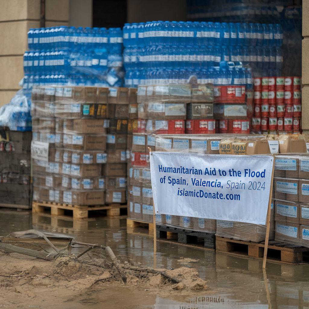 Humanitarian aid supplies including water and food crates, with a banner reading "Humanitarian Aid to the Flood of Spain, Valencia, Spain 2024 islamicDonate.com" amidst floodwaters, crypto donations via BTC power urgent relief.
