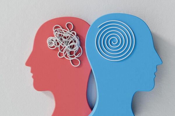 Two profiles representing mental states: one red with a tangled mess of white lines, the other blue with a neat spiral, symbolizing the journey from distress to peace in holistic well-being, with support from crypto donations like Bitcoin.