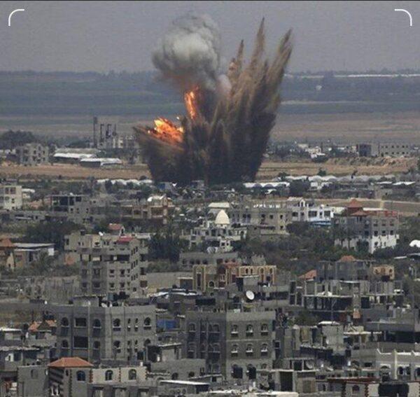 Yemen war explosion over city with displaced families receiving aid via USDT donations for survival.