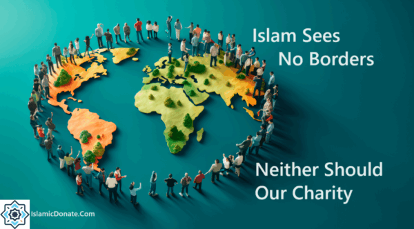 Miniature people arranged around a world map with text 'Islam Sees No Borders Neither Should Our Charity'. This visual conveys a universal sense of community and charity, enhanced by the ability to send Zakat globally, potentially via ETH.