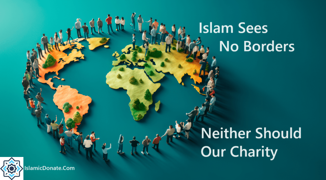 Miniature people arranged around a world map with text 'Islam Sees No Borders Neither Should Our Charity'. This visual conveys a universal sense of community and charity, enhanced by the ability to send Zakat globally, potentially via ETH.