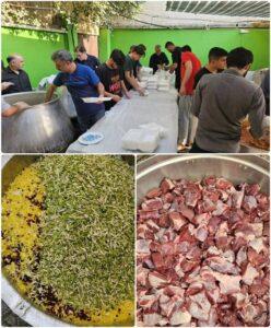 Volunteers preparing Iftar meals, showing large pots of rice and chopped meat, with one section of the image showing people packing food boxes for the needy, supported by crypto donations via ETH.