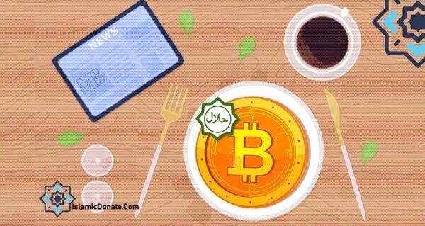 A Bitcoin coin marked with a "Halal" symbol sits on a plate, with a cup of coffee and a news tablet nearby, suggesting crypto donations are permissible and halal.