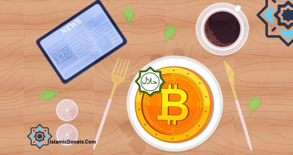 A Bitcoin coin marked with a "Halal" symbol sits on a plate, with a cup of coffee and a news tablet nearby, suggesting crypto donations are permissible and halal.