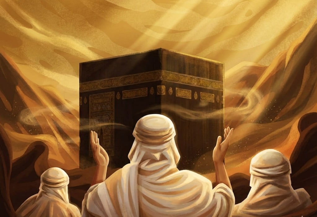 Muslims in prayer before the Kaaba, with hands raised. Reflecting the concept of Ibadah, sincerity, and devotion, with donation possibilities using cryptocurrency like ETH.