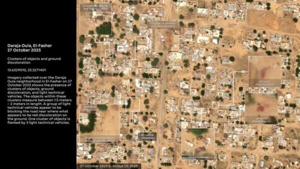 Satellite imagery of Daraja Oula neighborhood in El-Fasher showing clusters of objects and ground discoloration. Relief efforts include providing safe passage and survival kits, supported by crypto donations like SOL.